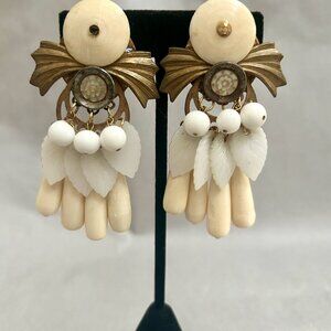 PEGGY WHITEFIELD Vintage Earrings Cream Beads Antique Buttons Clip On Earrings